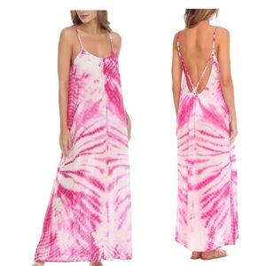 Raviya Tie - Dye Maxi Magenta White Gauze Criss Cross Back Flowy Cover Up Dress